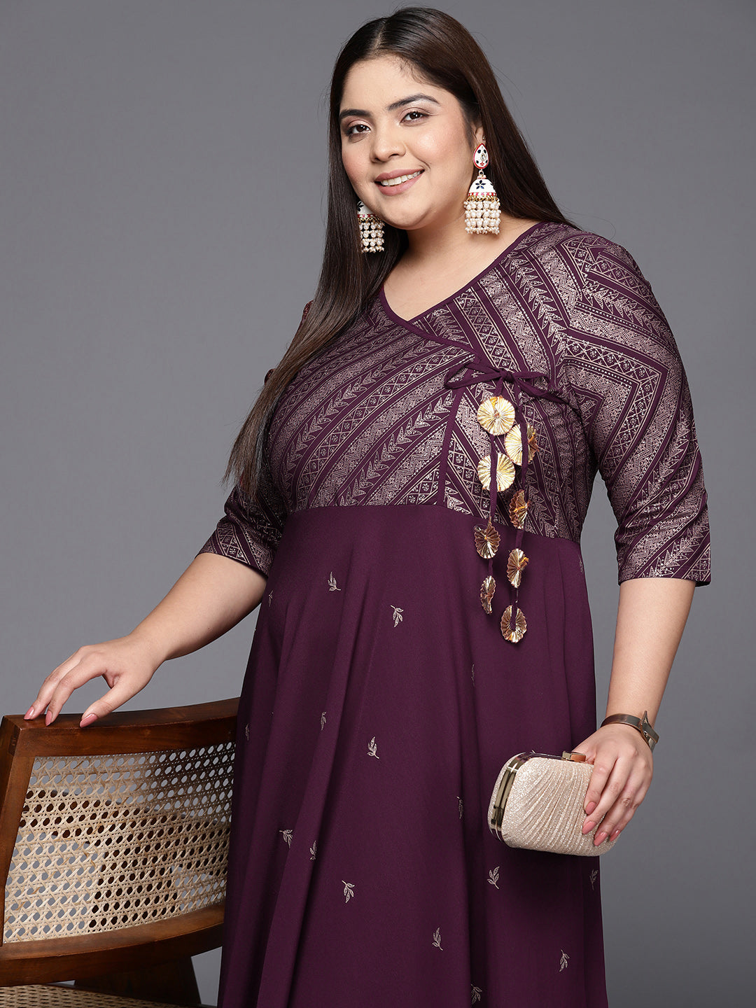 Burgandy & Gold Printed Plus Size Maxi Ethnic Dress