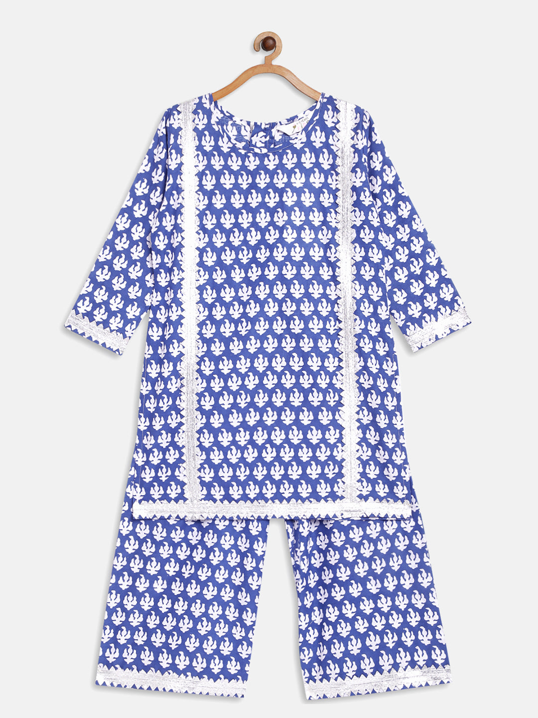 Blue & WHite Printed Gotta Patti Pure Cotton Girls Kurta with Palazzos