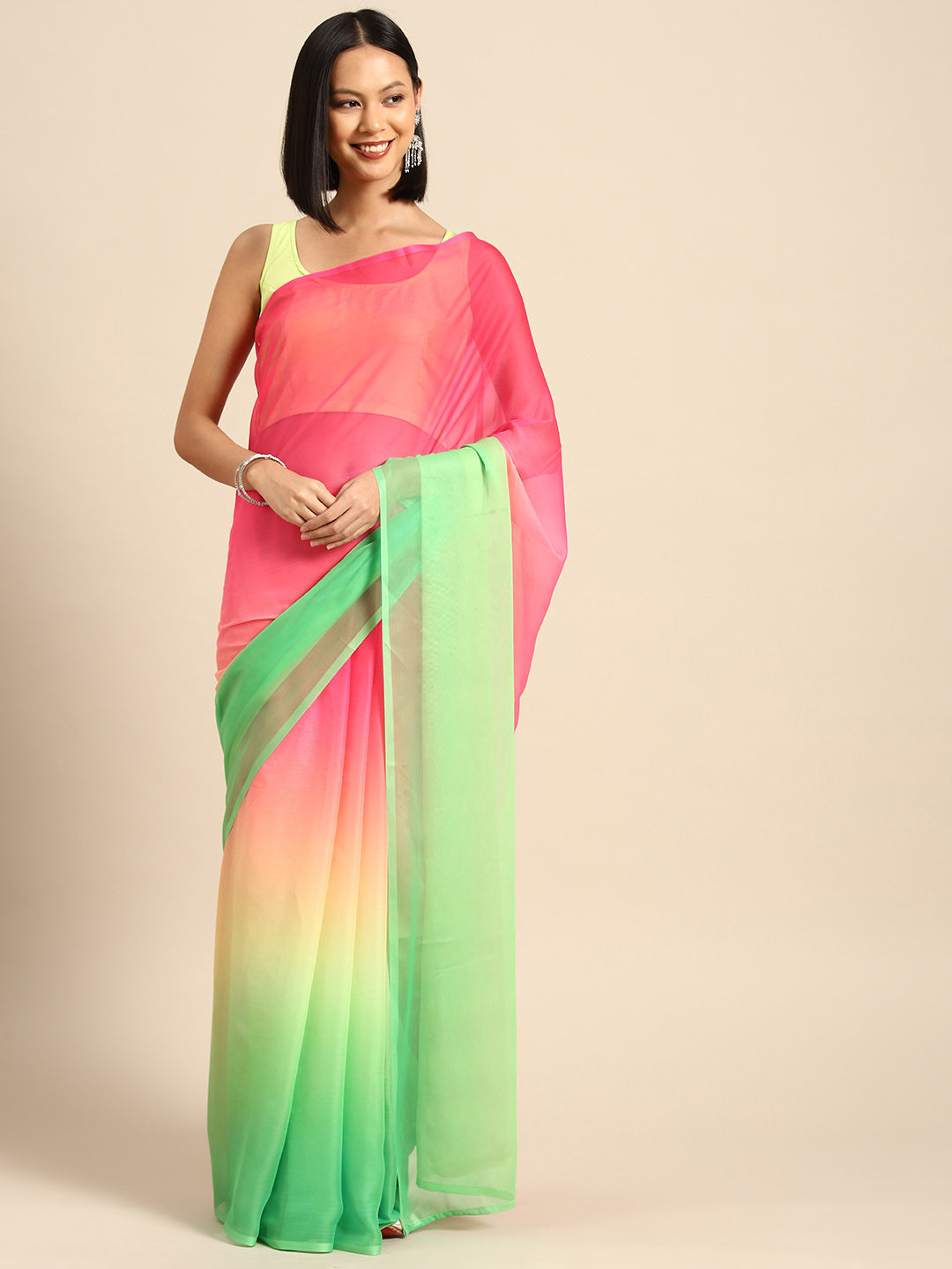 Pink & Green Ombre Dyed Poly Chiffon Saree