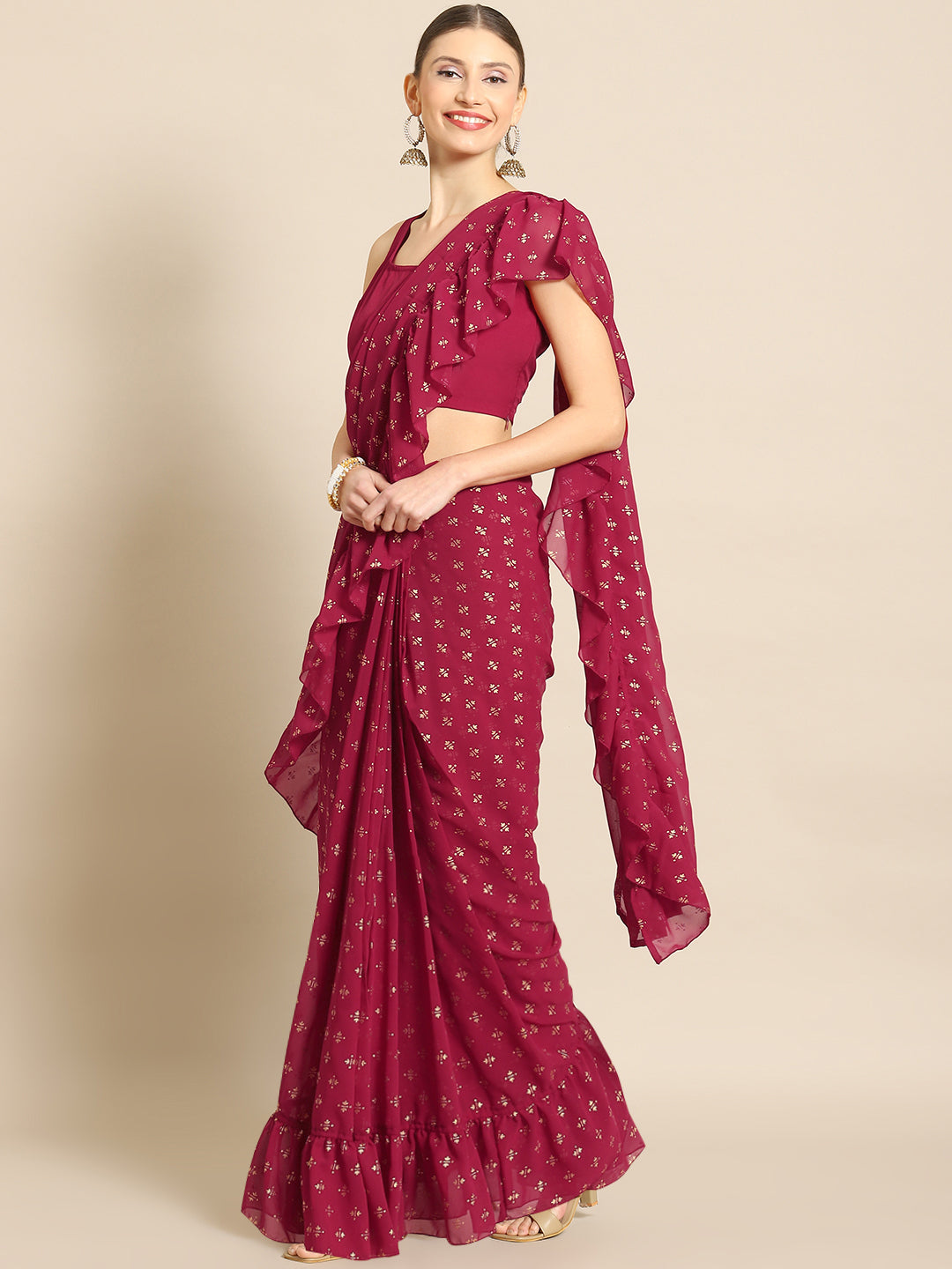 Maroon & Gold Toned Printed Ready To Wear Ruffles Saree