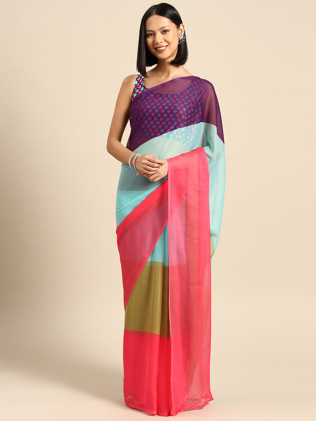 Purple & Turquoise Colourblocked Poly Chiffon Saree