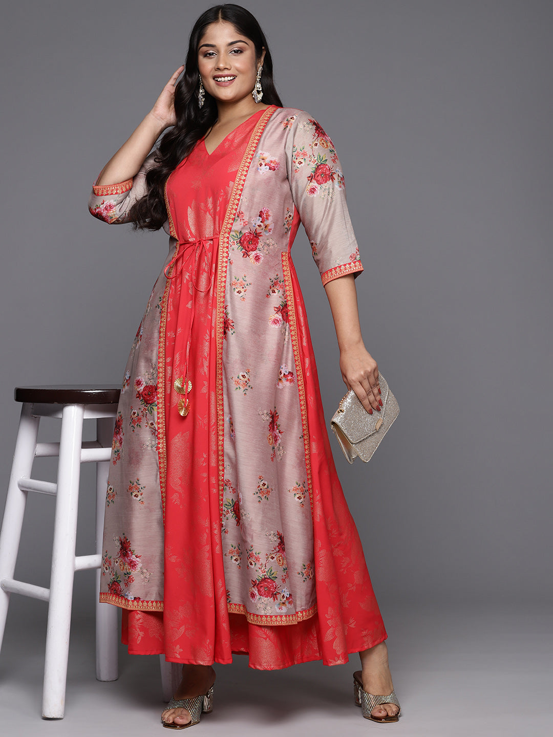 Red and Tan Floral Printed Plus Size A-Line Maxi Dress