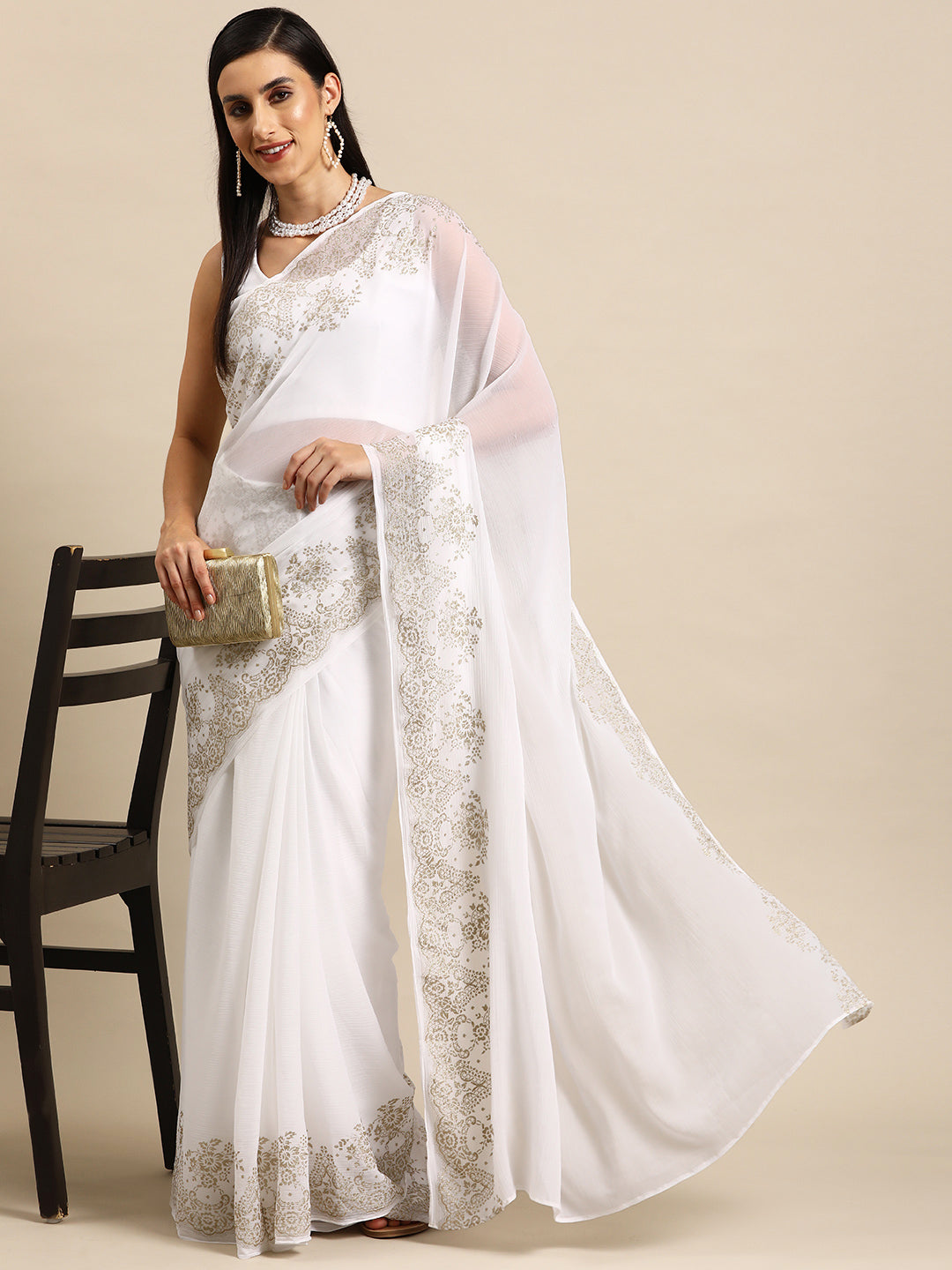 White Zari Printed Ready to Wear Saree