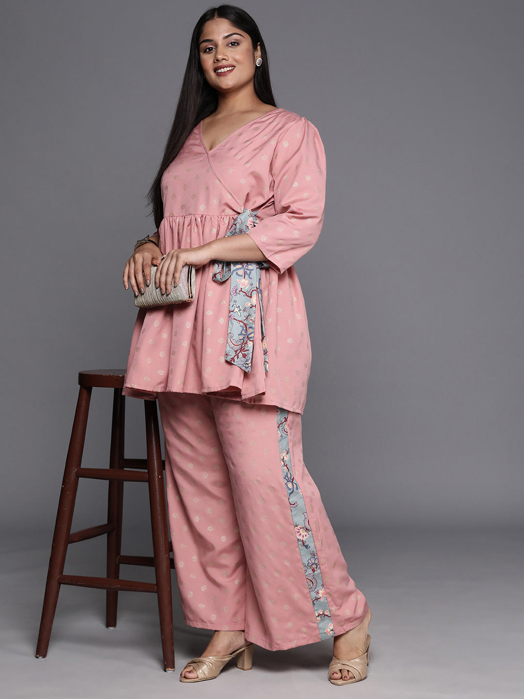 Pink Plus Size Floral Printed Wrap Tunic with Palazzos