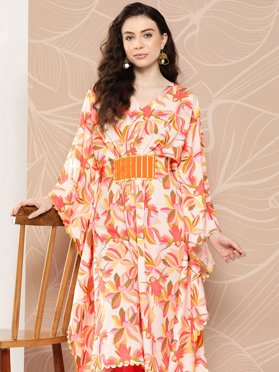 Off White & Orange Floral Printed Gotta Patti Kaftan Kurta