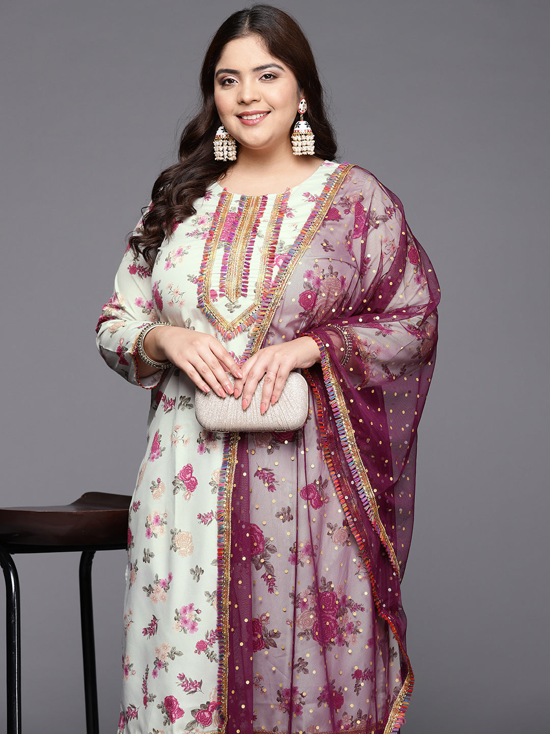 Beige Floral Printed Plus Size Kurta with Palazzos & With Dupatta