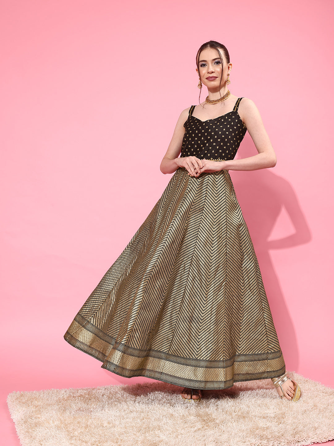 Black & Gold Chevron Printed Maxi Ethnic Dress Black & Gold Chevron Printed Maxi Ethnic Dress