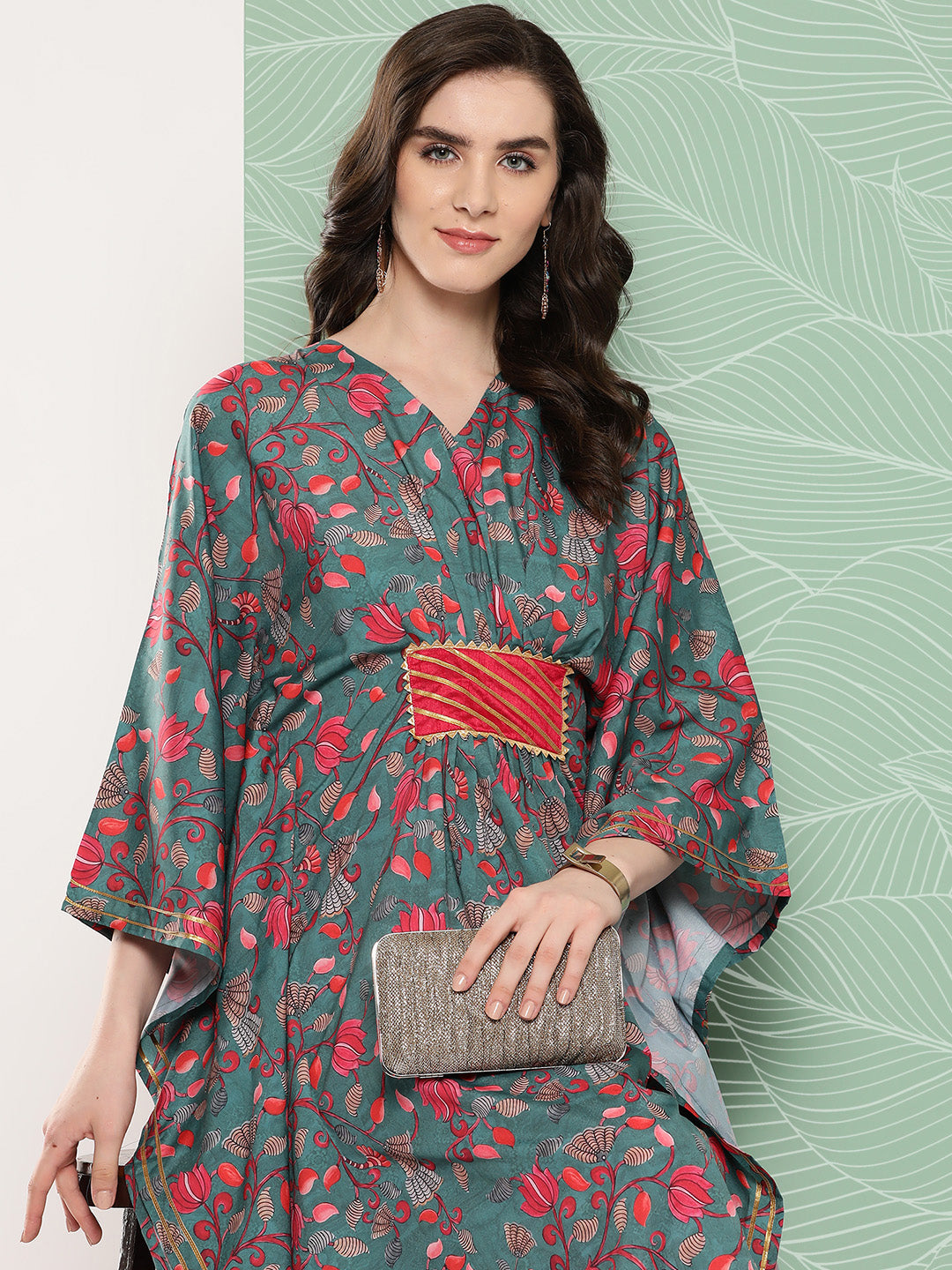 Green & Pink Floral Printed Gotta Patti Kaftan Kurta