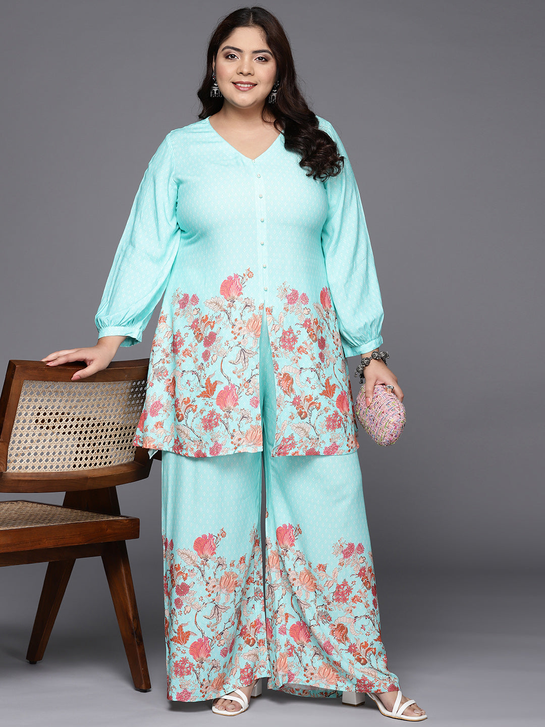 Turquoise Blue & Red Floral Printed Plus Size Tunic with Palazzos