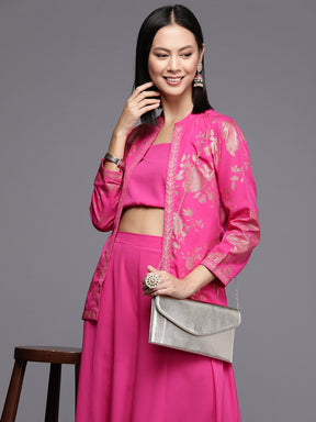 Pink Solid Crop Top with Palazzos and Printed Shrug