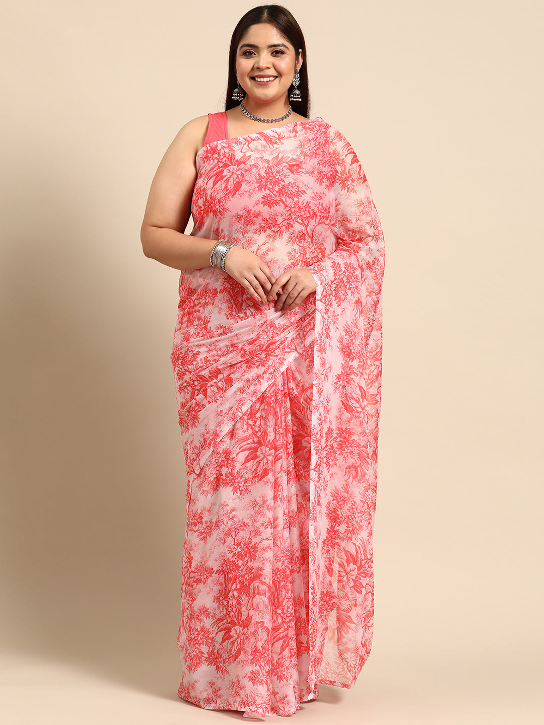 Coral Plus Size Floral Poly Chiffon Saree