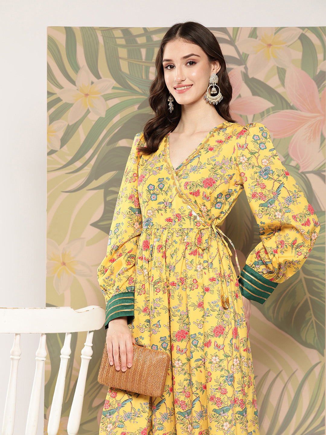 Yellow Floral Printed Tie-Ups Empire Ethnic Dress