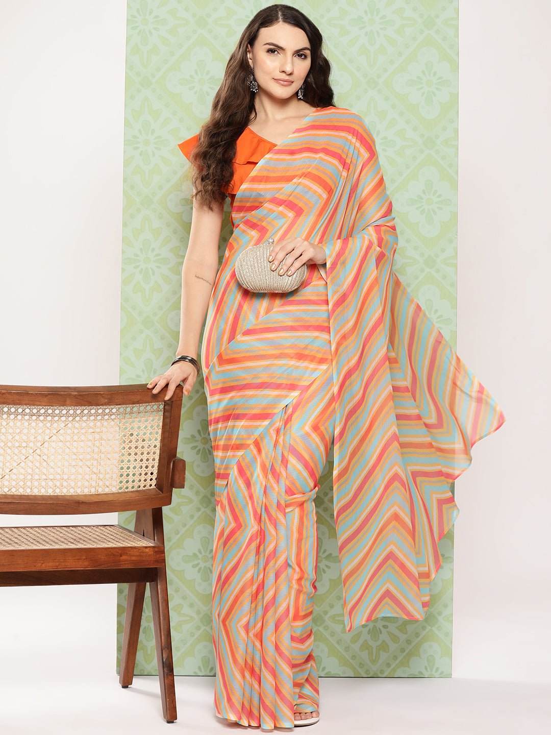 Orange & Blue Leheriya Print Poly Chiffon Saree