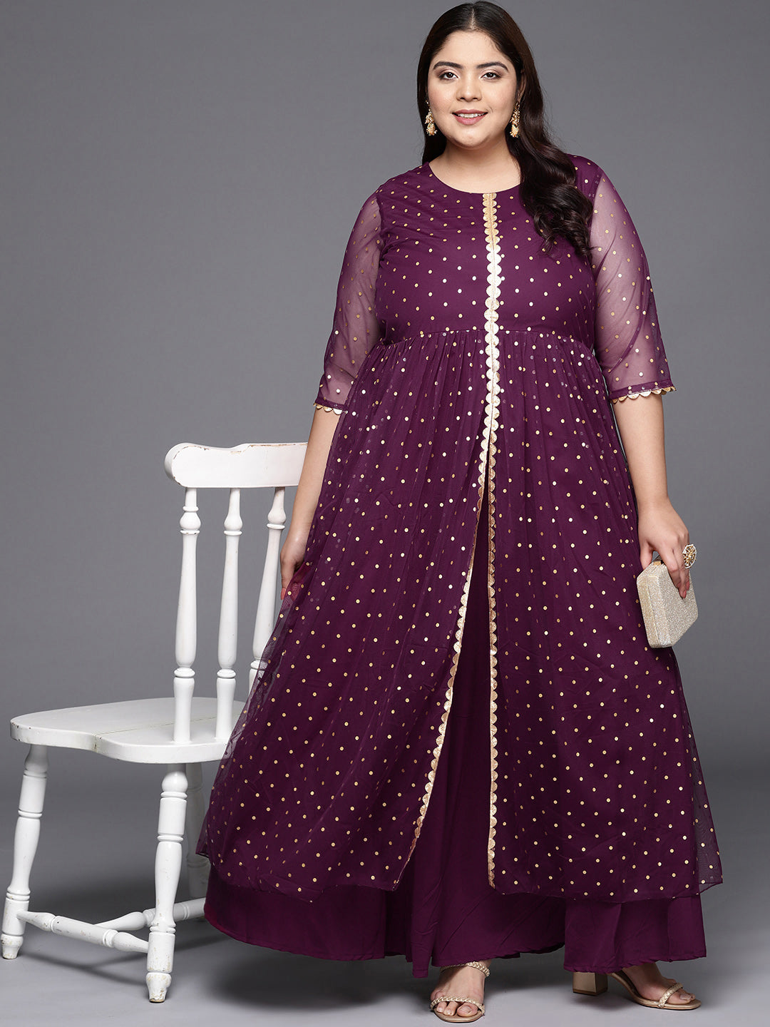 Burgundy & Gold Plus Size Maxi Ethnic Dress