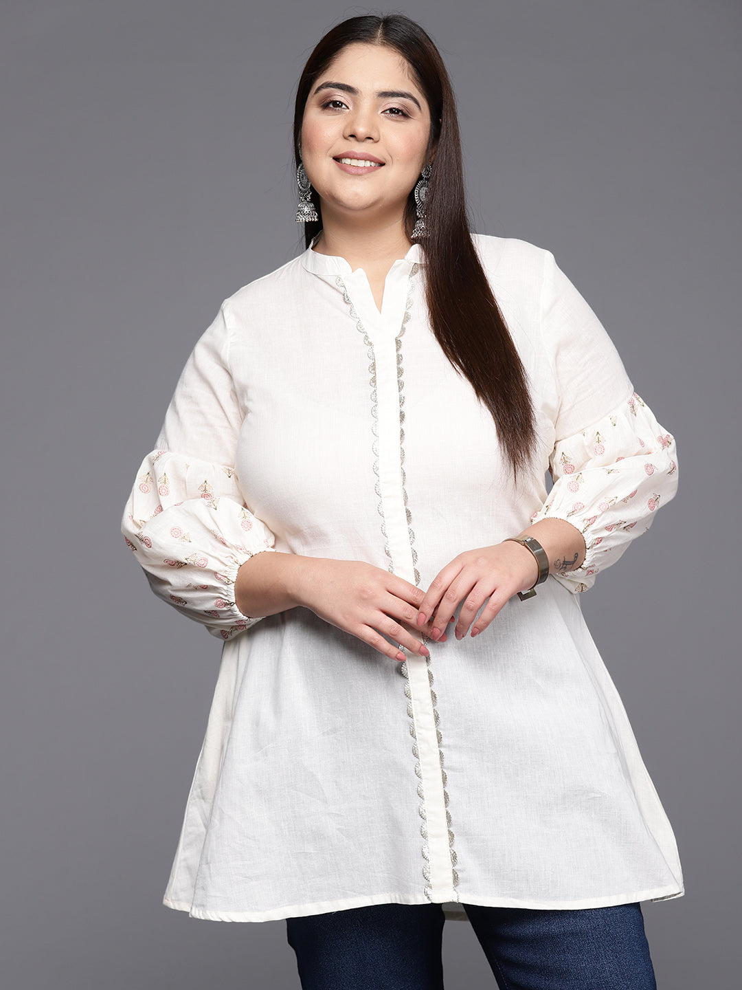 Off White Plus Size Mandarin Collar Printed Pure Cotton Tunic