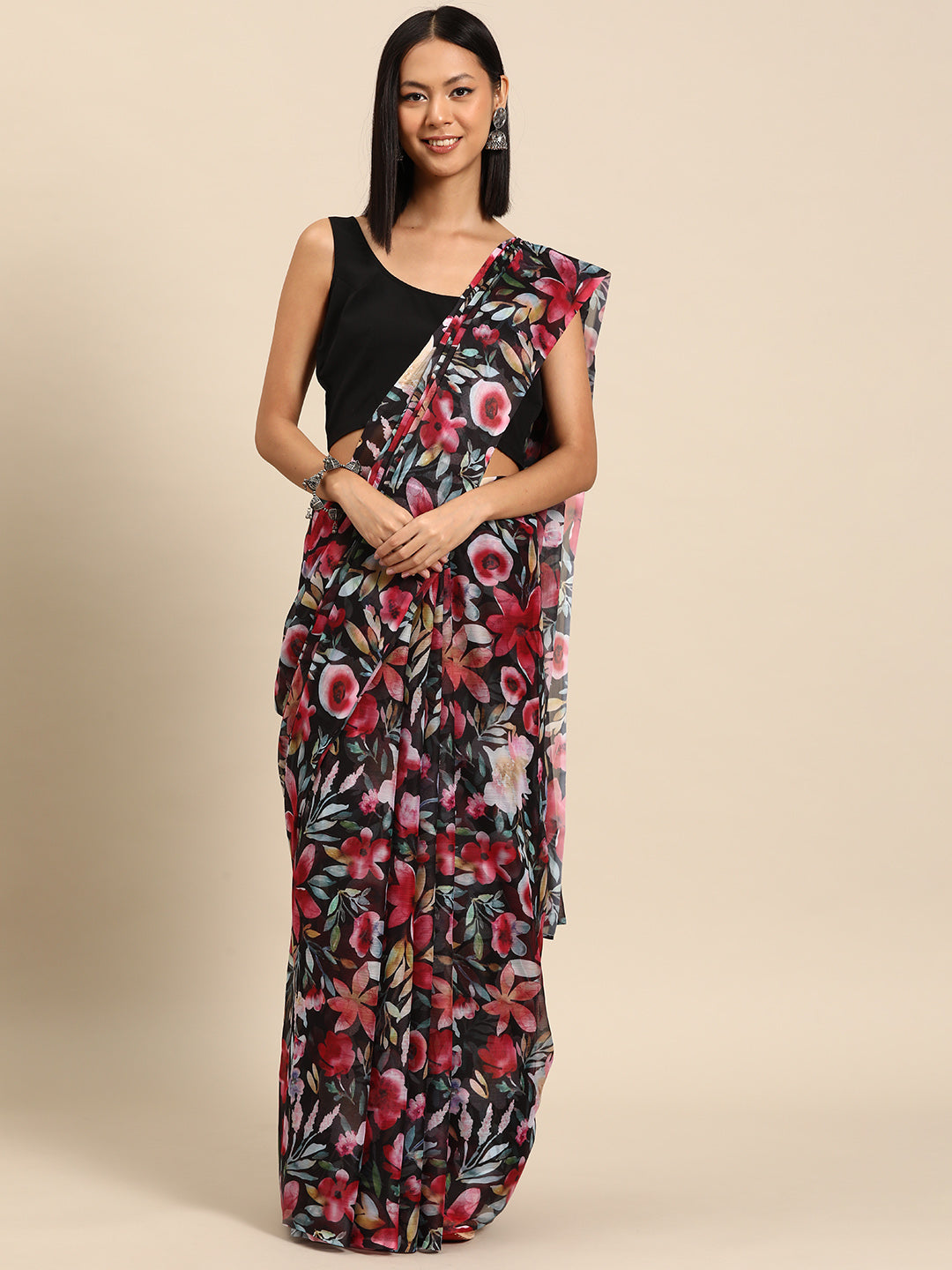 Black & Red Floral Print Poly Chiffon Saree