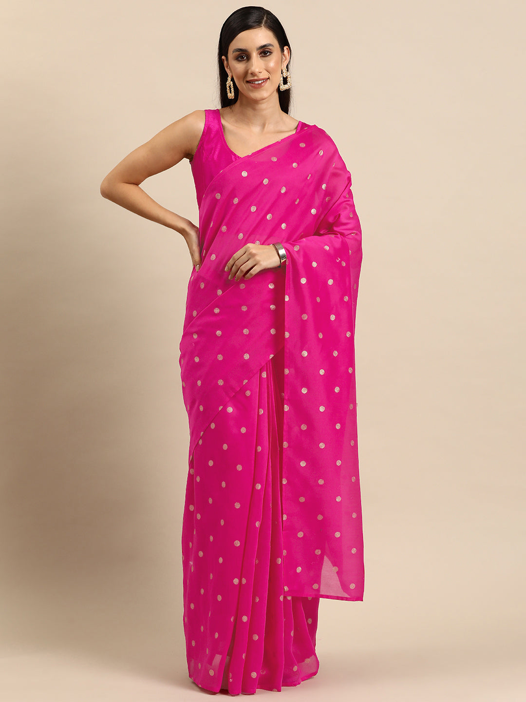 Fuchsia Polka Dots Printed Ready to Wear Saree