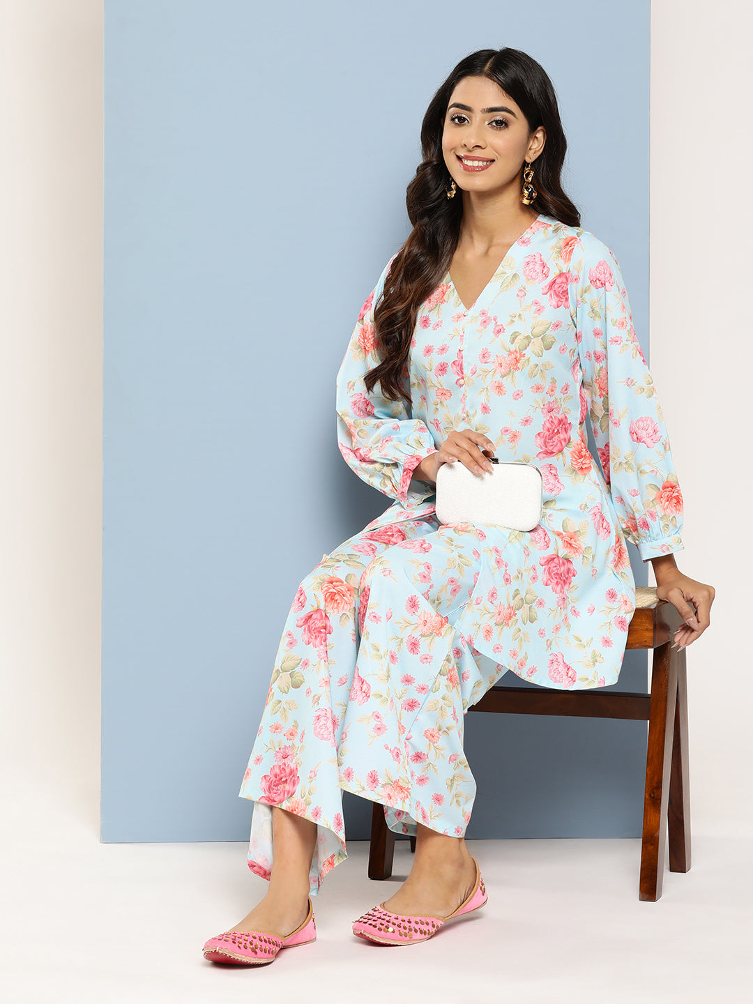 Turquoise Blue Floral Printed Regular Tunic with Palazzos