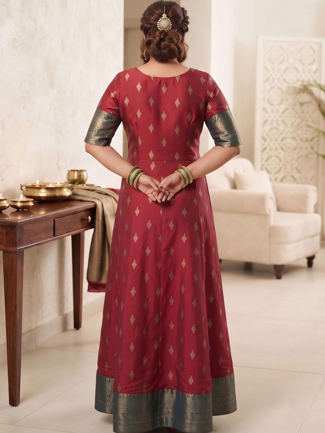 A PLUS BY AHALYAA Printed Round Neck A-Line Maxi Dress - Maroon