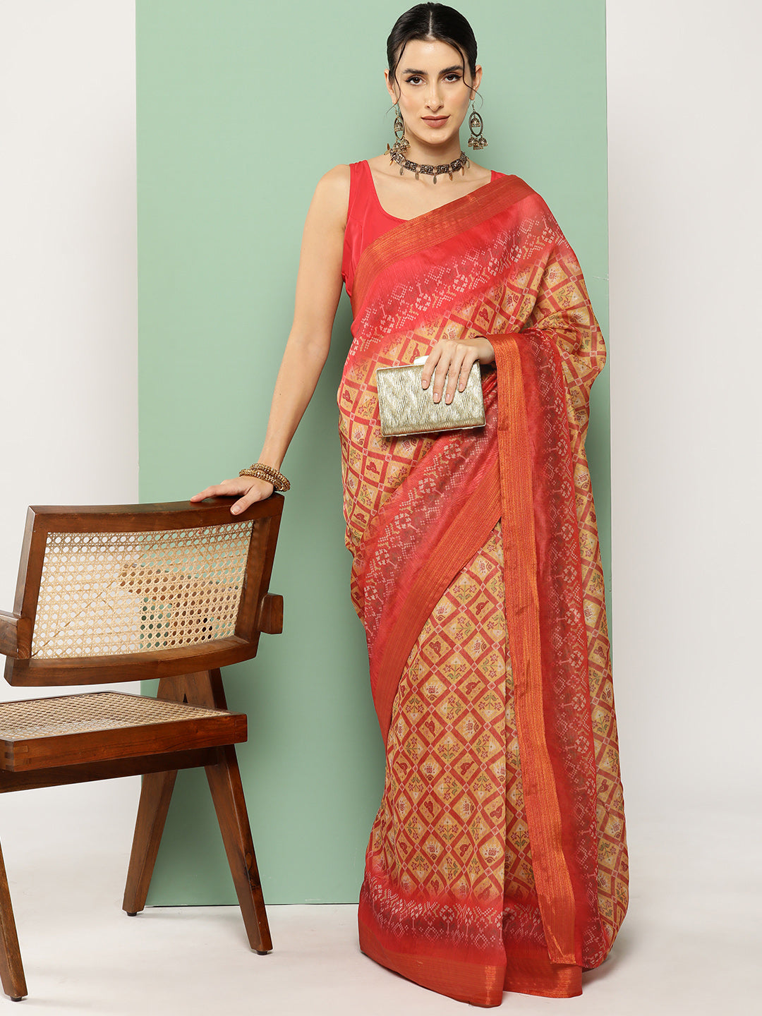 Mustard & Red Printed Chanderi Zari Saree