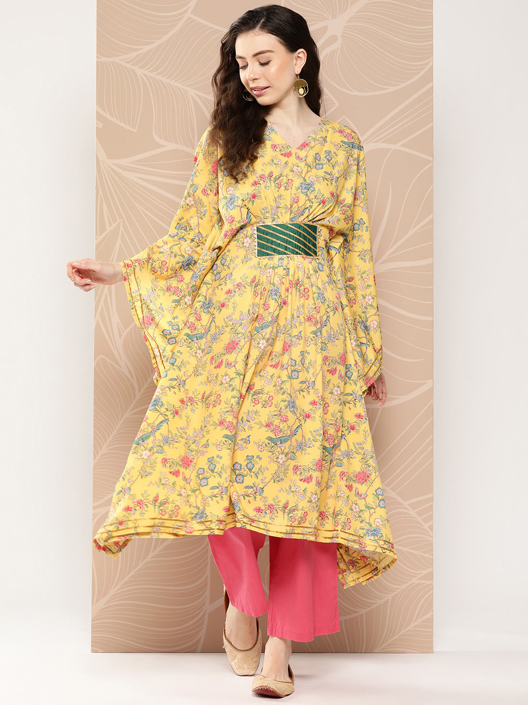 Yellow & Green Floral Printed Gotta Patti Floral Kaftan Kurta