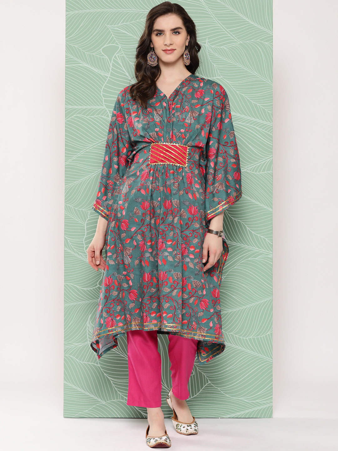 Green & Pink Floral Printed Gotta Patti Kaftan Kurta