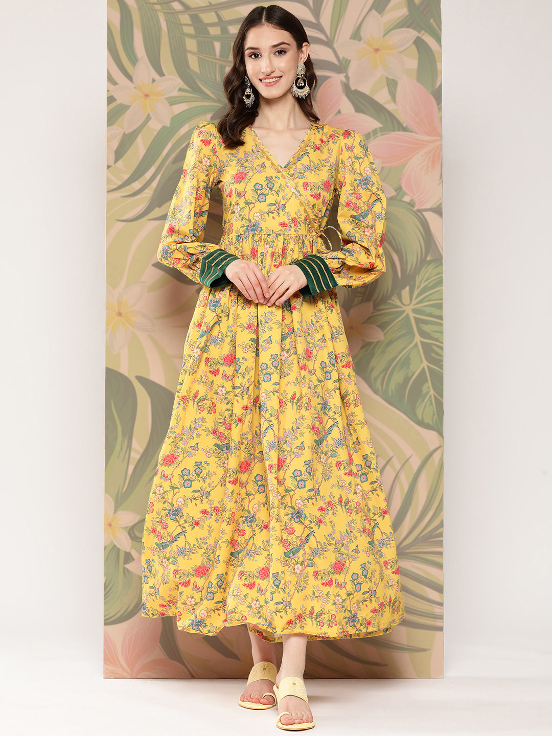 Yellow Floral Printed Tie-Ups Empire Ethnic Dress