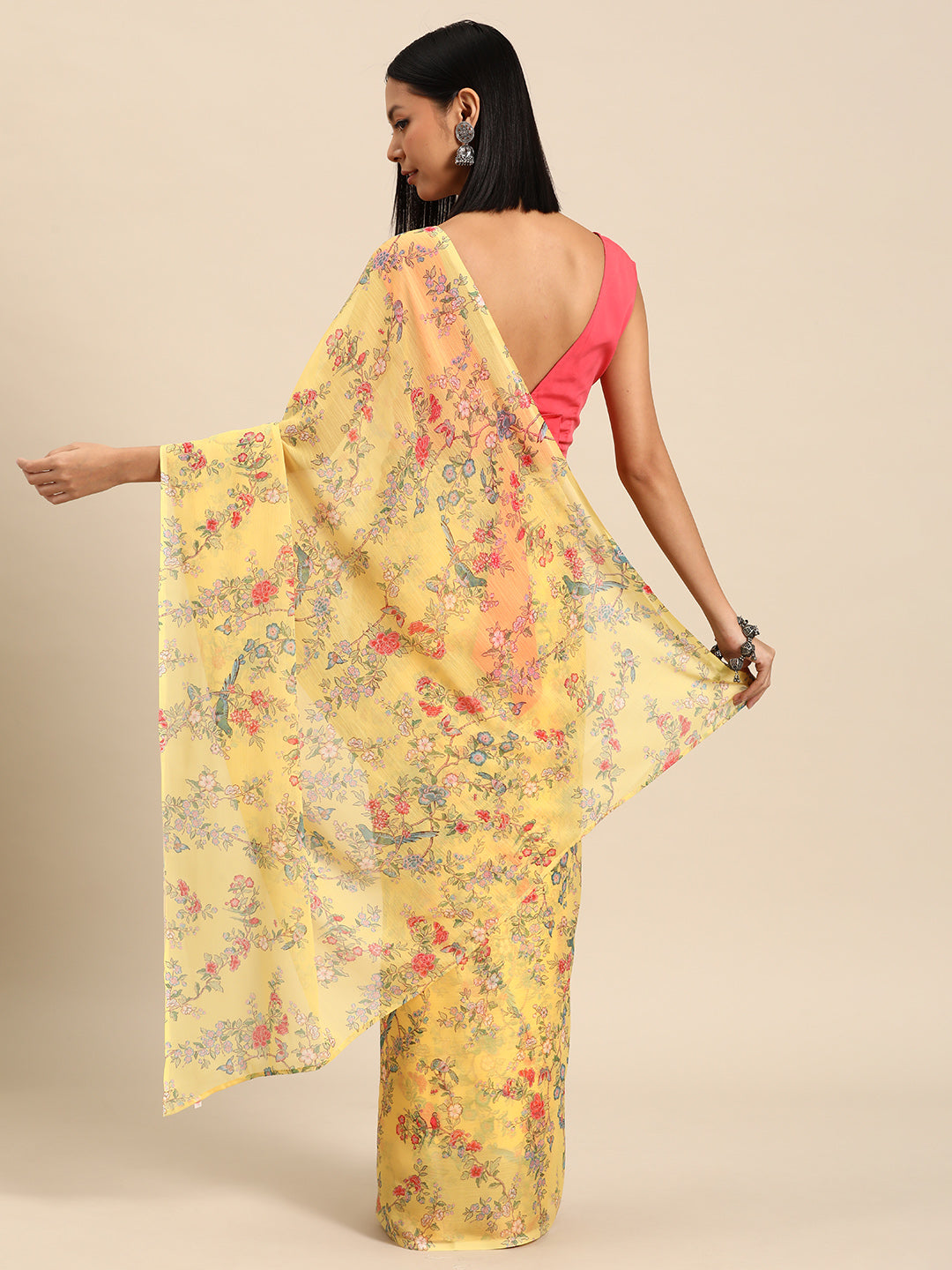 Yellow Floral Print Poly Chiffon Saree