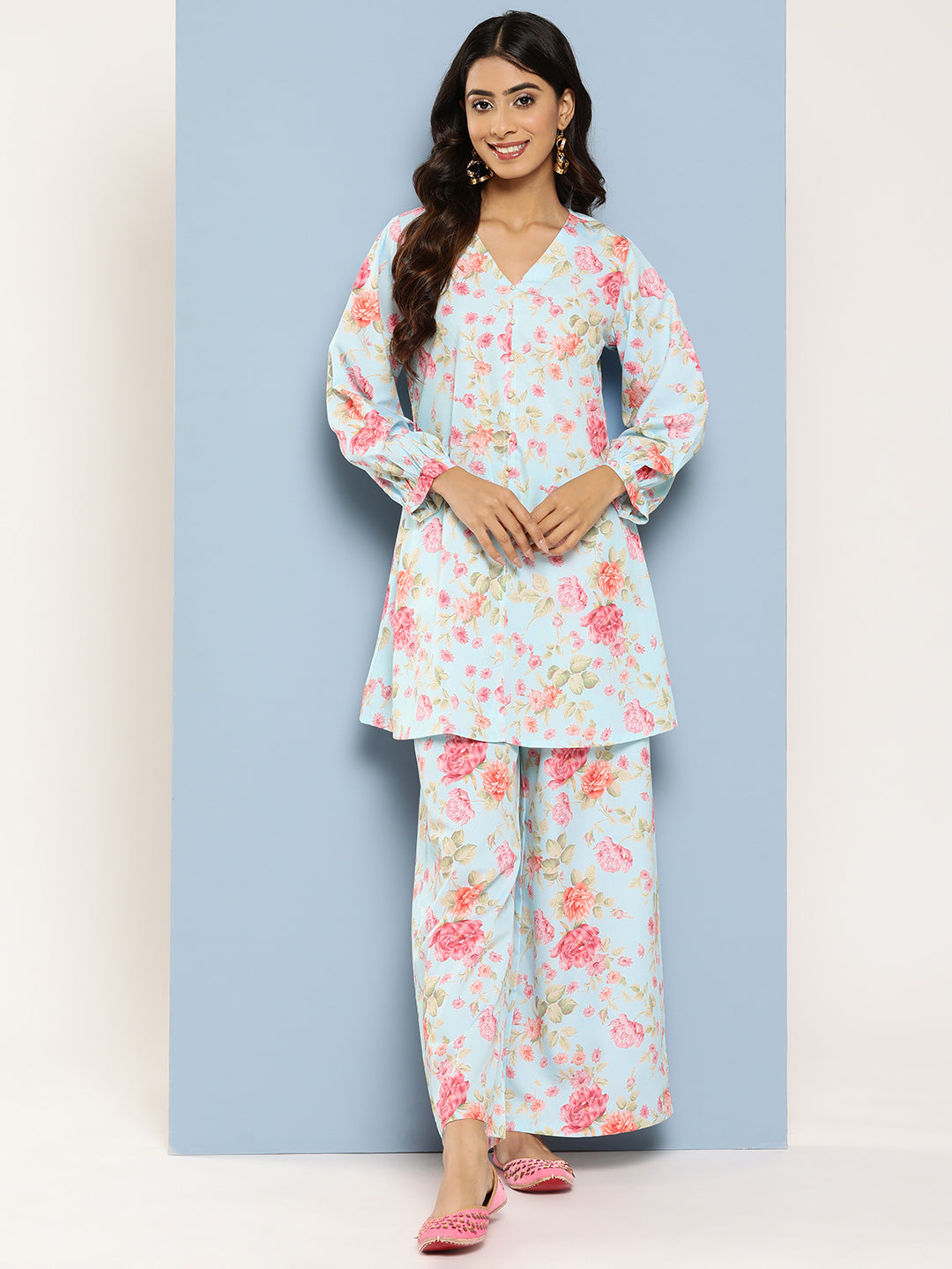 Turquoise Blue Floral Printed Regular Tunic with Palazzos