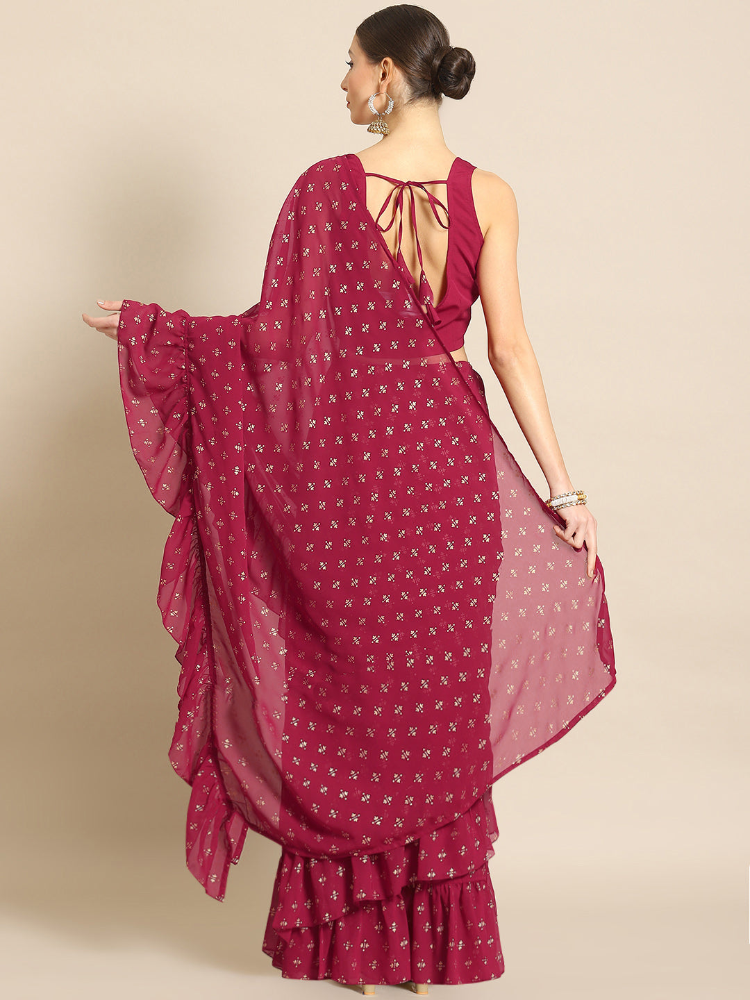 Maroon & Gold Toned Printed Ready To Wear Ruffles Saree