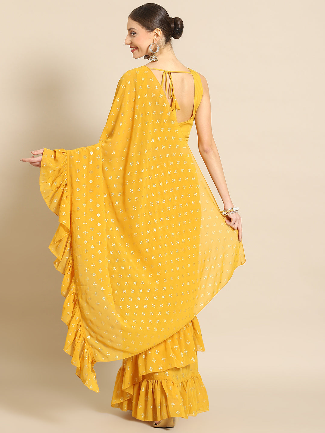 Yellow & Gold Toned Printed Ready To Wear Ruffles Saree