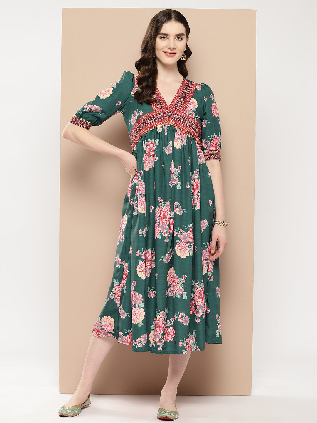 Green Floral Printed Empire Ethnic Dress Green Floral Printed Empire Ethnic Dress
