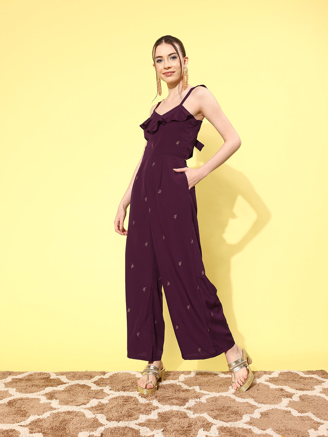 Burgundy Printed Jumpsuit with Ruffles