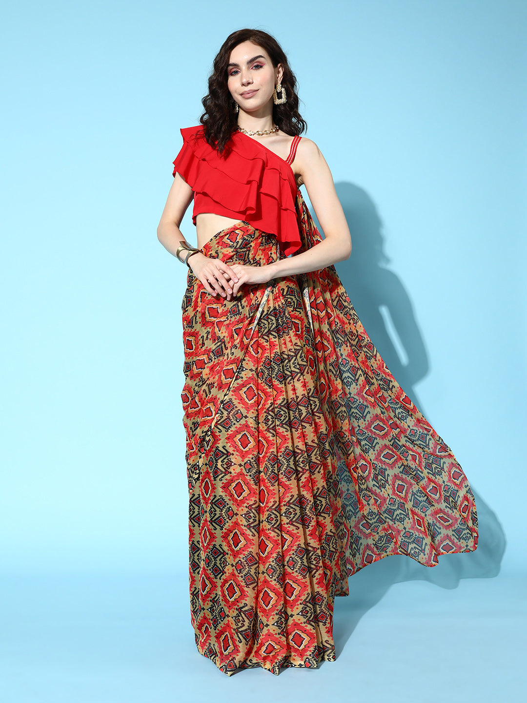 Red & Mustard Printed Poly Chiffon Saree