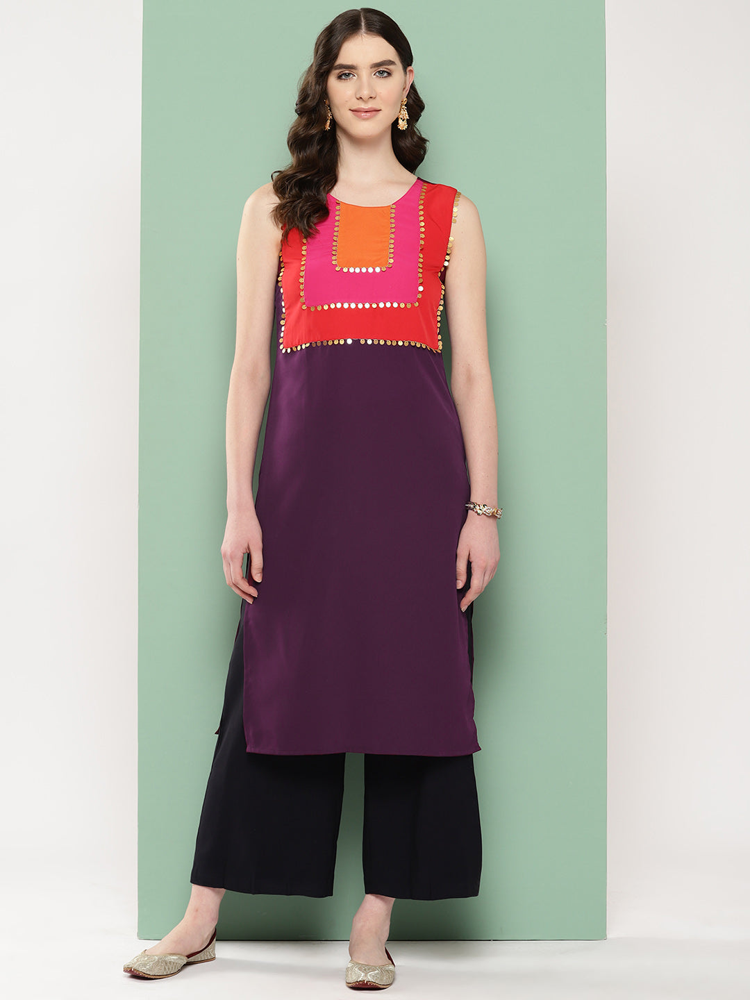 Burgundy Yoke Design Sequined Kurta