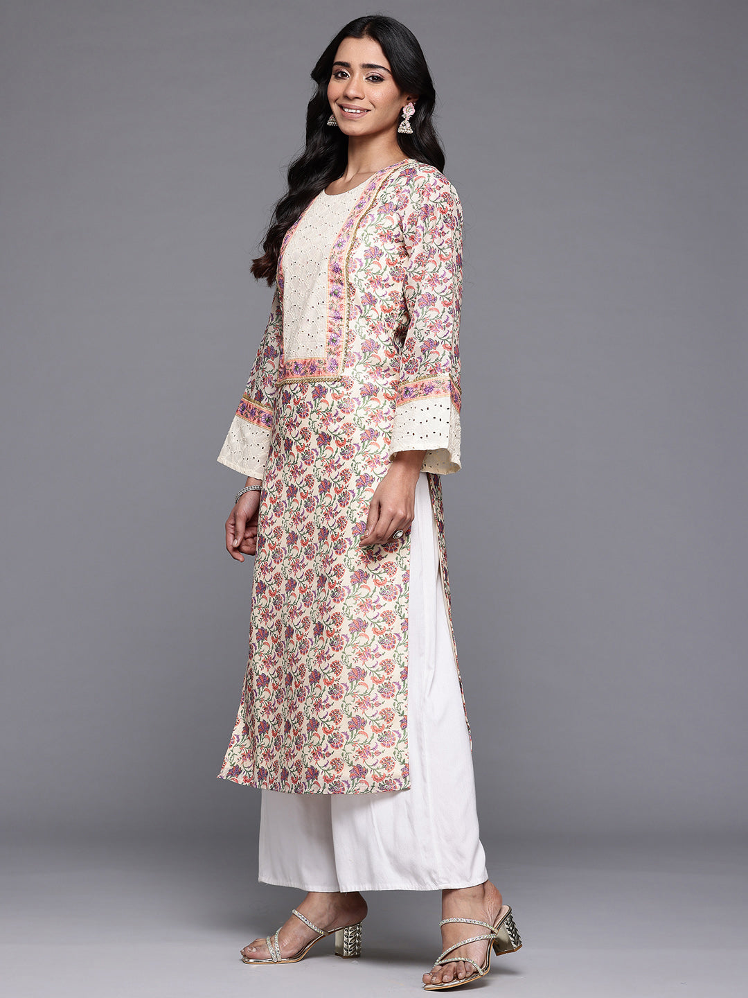 Ahalyaa Floral Printed Flared Sleeves Sequinned Kurta