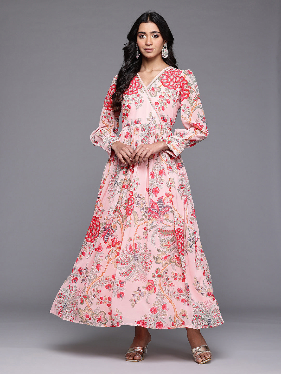 Ahalyaa Floral Printed Puff Sleeves Maxi Wrap Ethnic Dress with Gotta Patti Detail