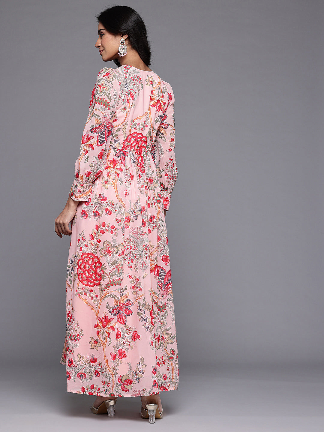 Ahalyaa Floral Printed Puff Sleeves Maxi Wrap Ethnic Dress with Gotta Patti Detail