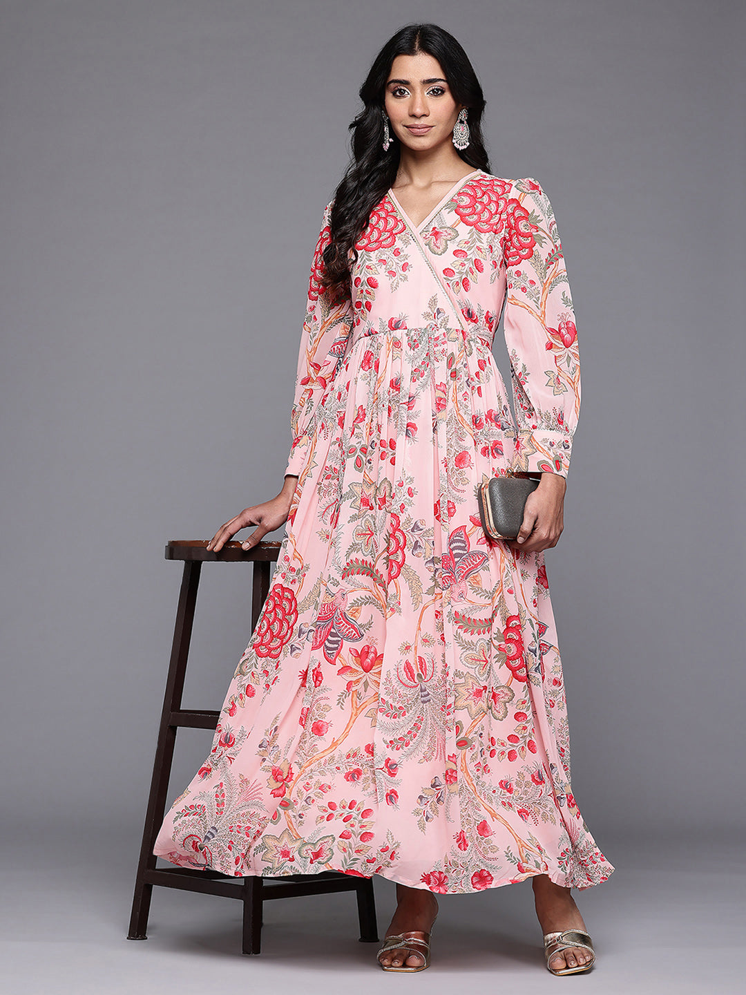 Ahalyaa Floral Printed Puff Sleeves Maxi Wrap Ethnic Dress with Gotta