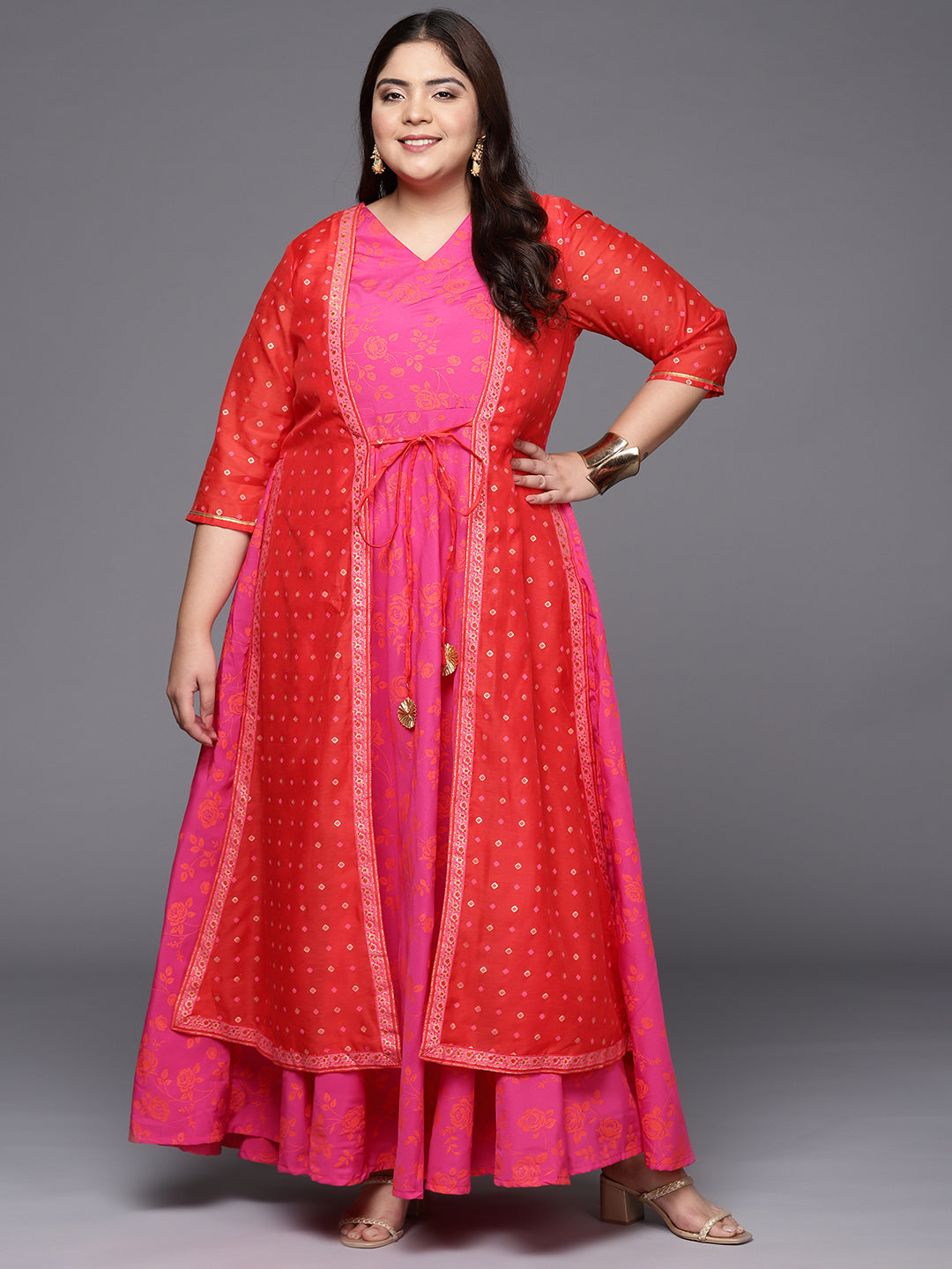 Pink & Red Plus Size Layered Maxi Ethnic Dress Pink & Red Plus Size Layered Maxi Ethnic Dress