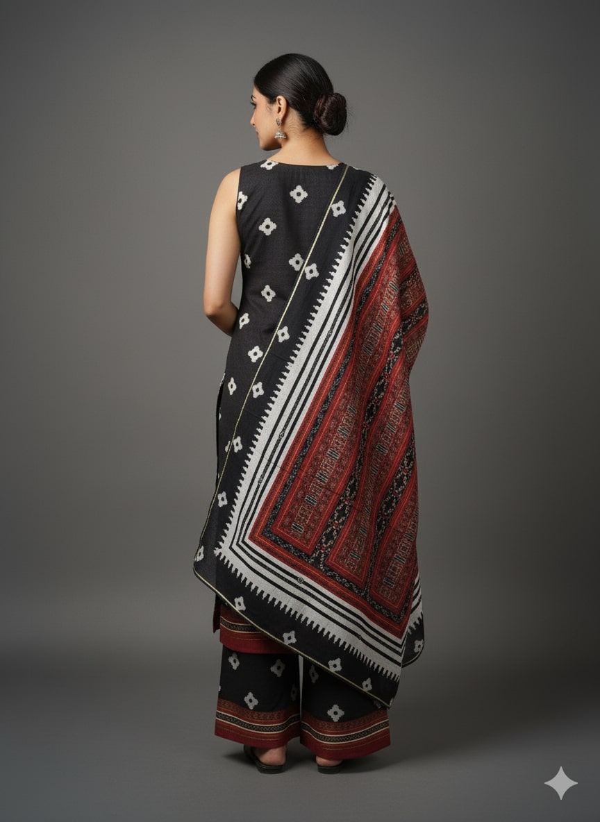 Geometric Printed V-Neck Sleeveless Straight Kurta With Palazzos & Dupatta