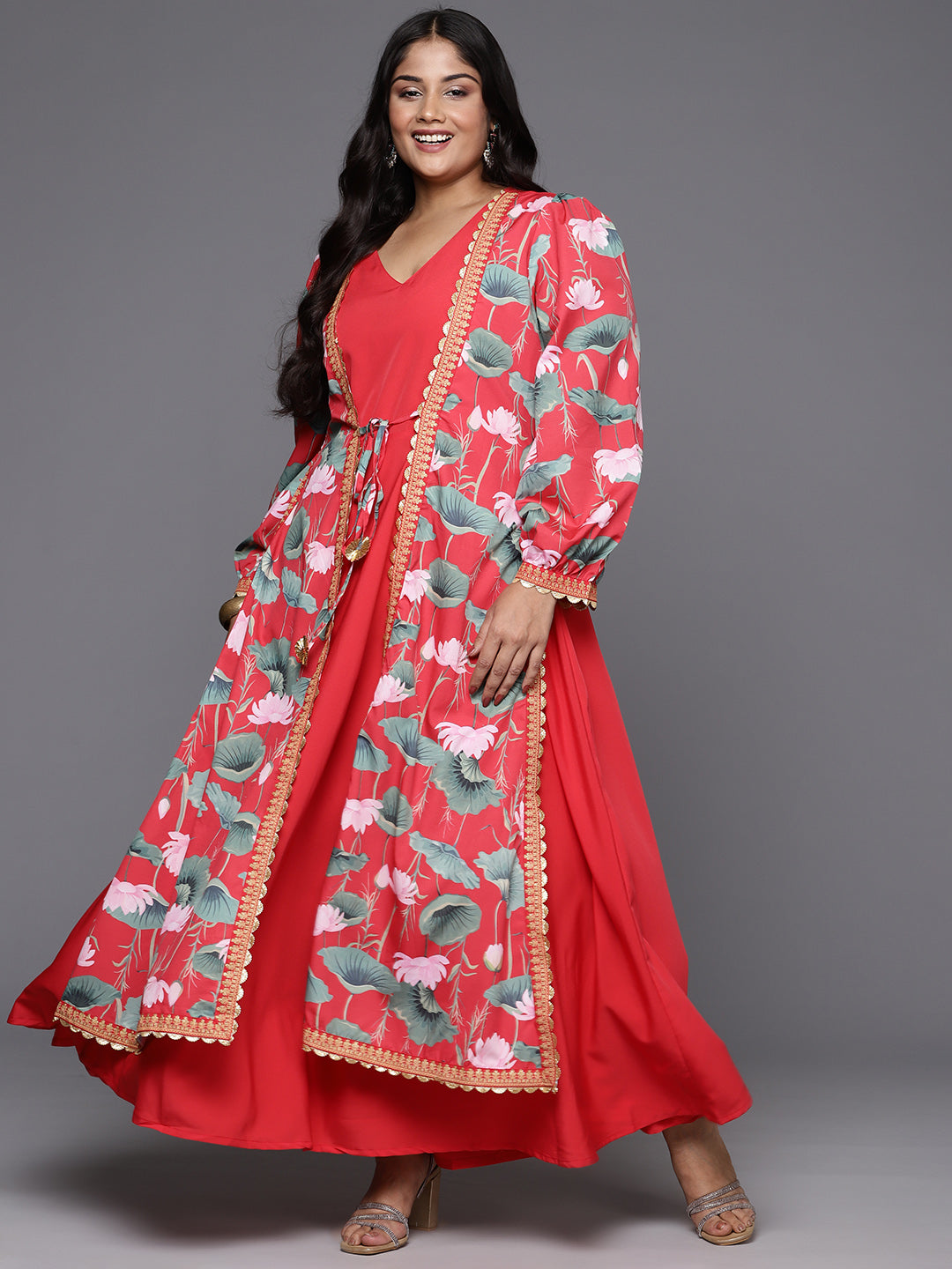Red Plus Size Floral Printed Layered A-Line Maxi Dress
