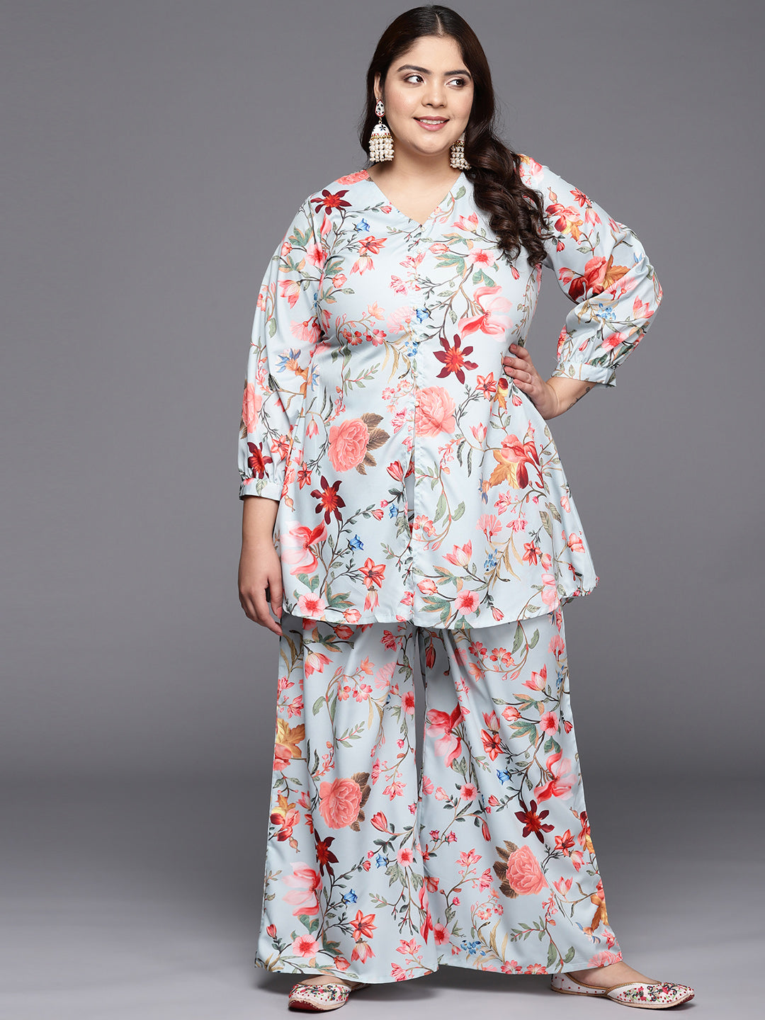 Grey & Pink Floral Printed Plus Size Tunic with Palazzos