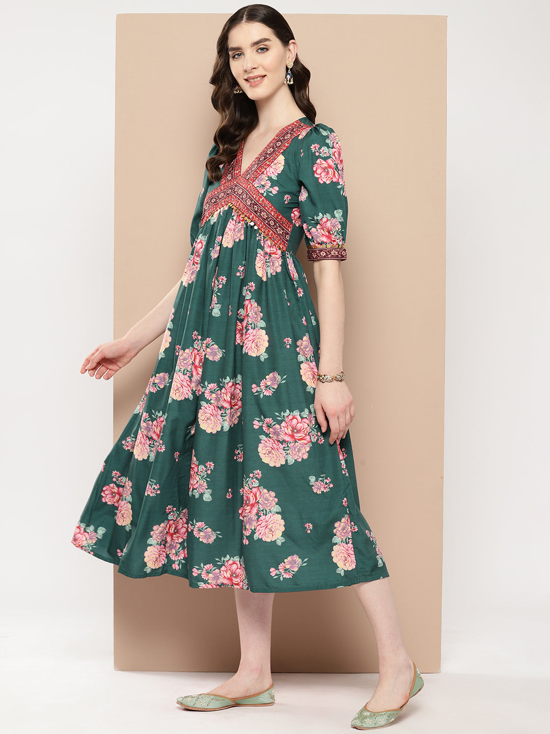 Green Floral Printed Empire Ethnic Dress