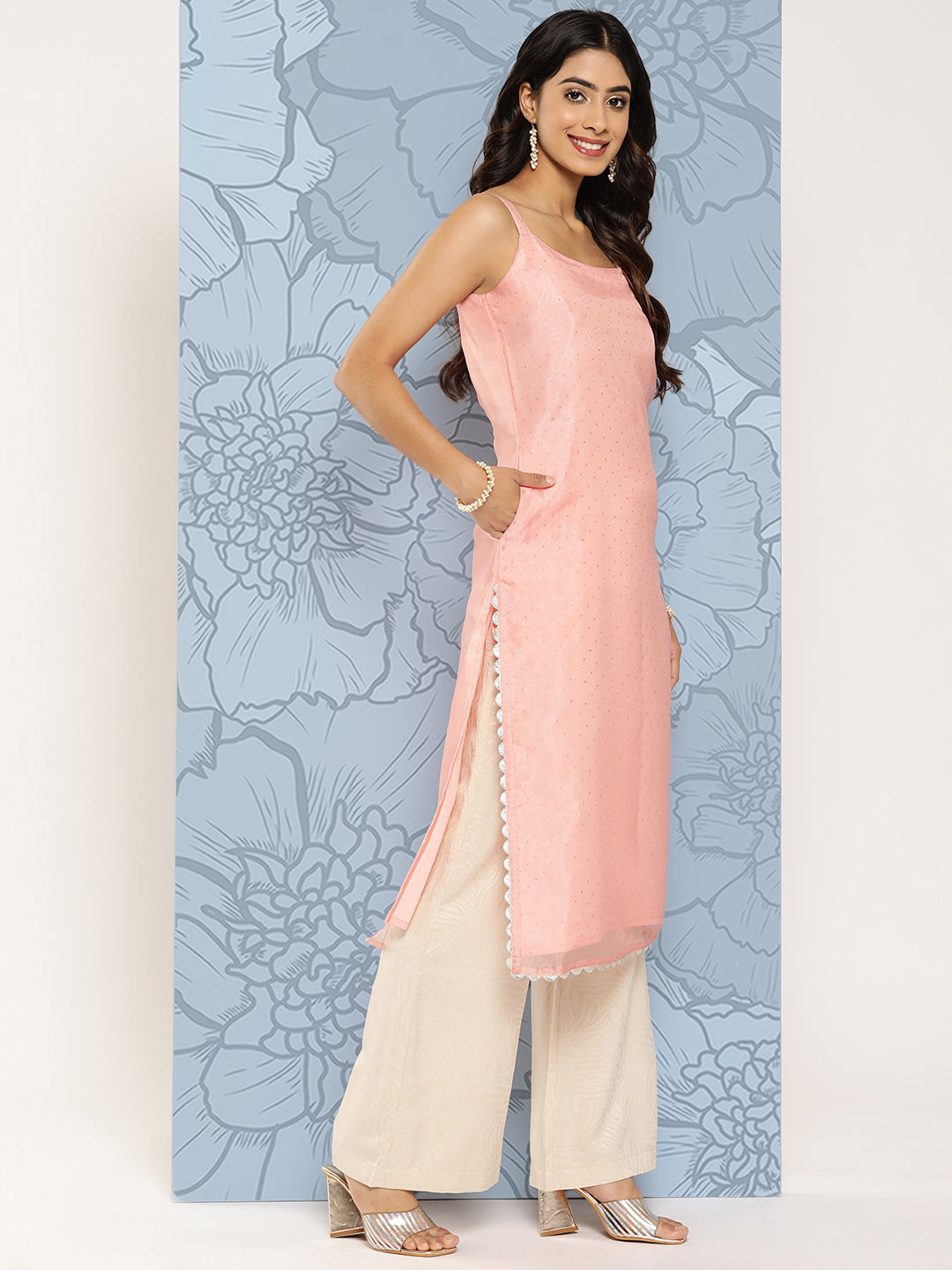 Pink Polka Dot Printed Organza Kurta