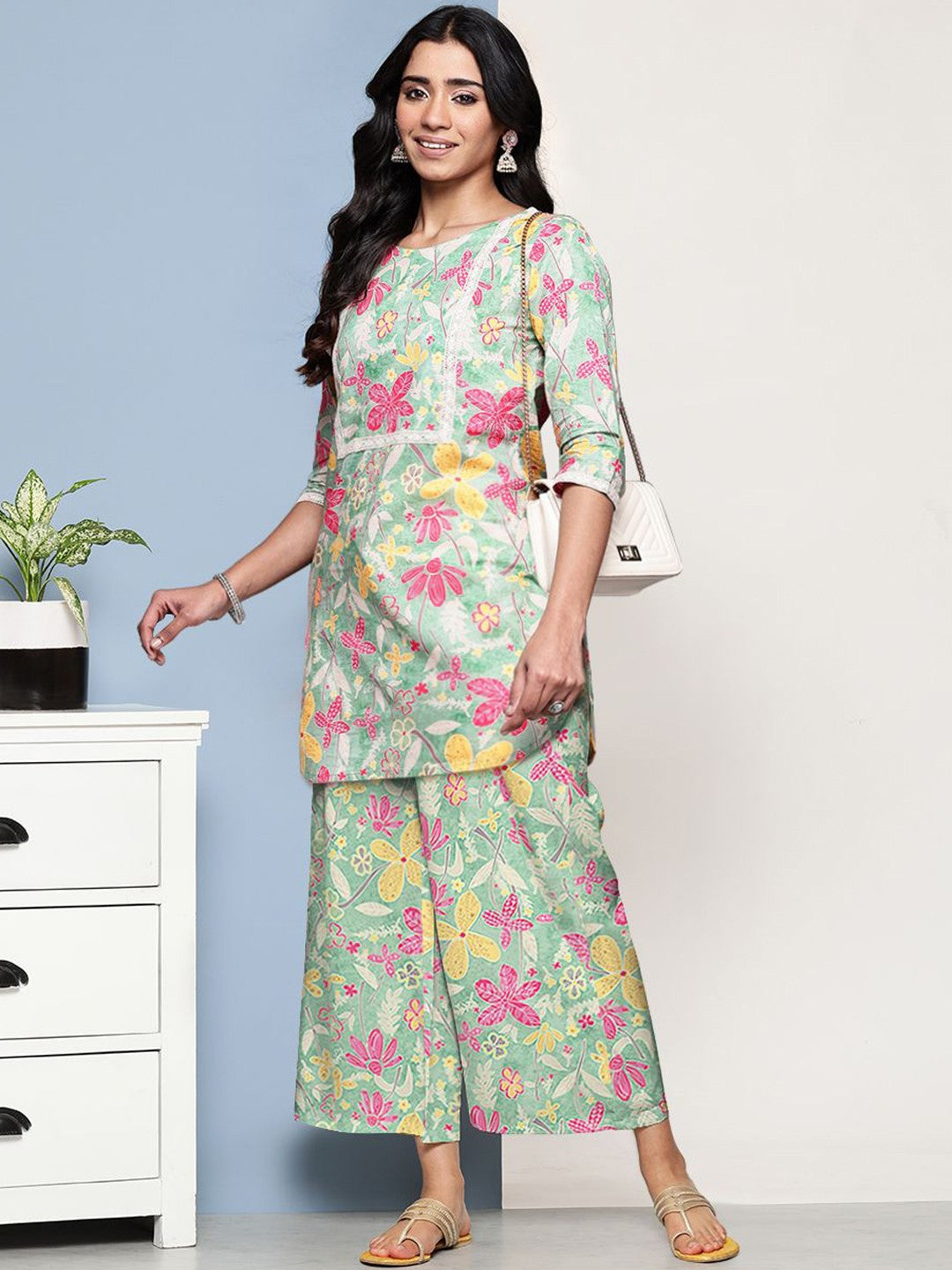 Printed Round Neck Pure Cotton Tunic With Palazzo Co-Ords