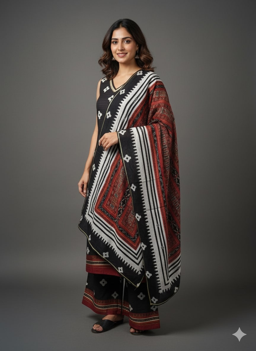 Geometric Printed V-Neck Sleeveless Straight Kurta With Palazzos & Dupatta