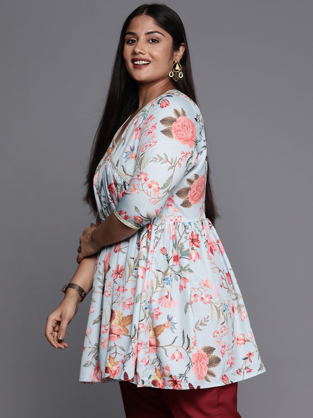 Sea Green & Pink Floral Printed Plus Size Tunic