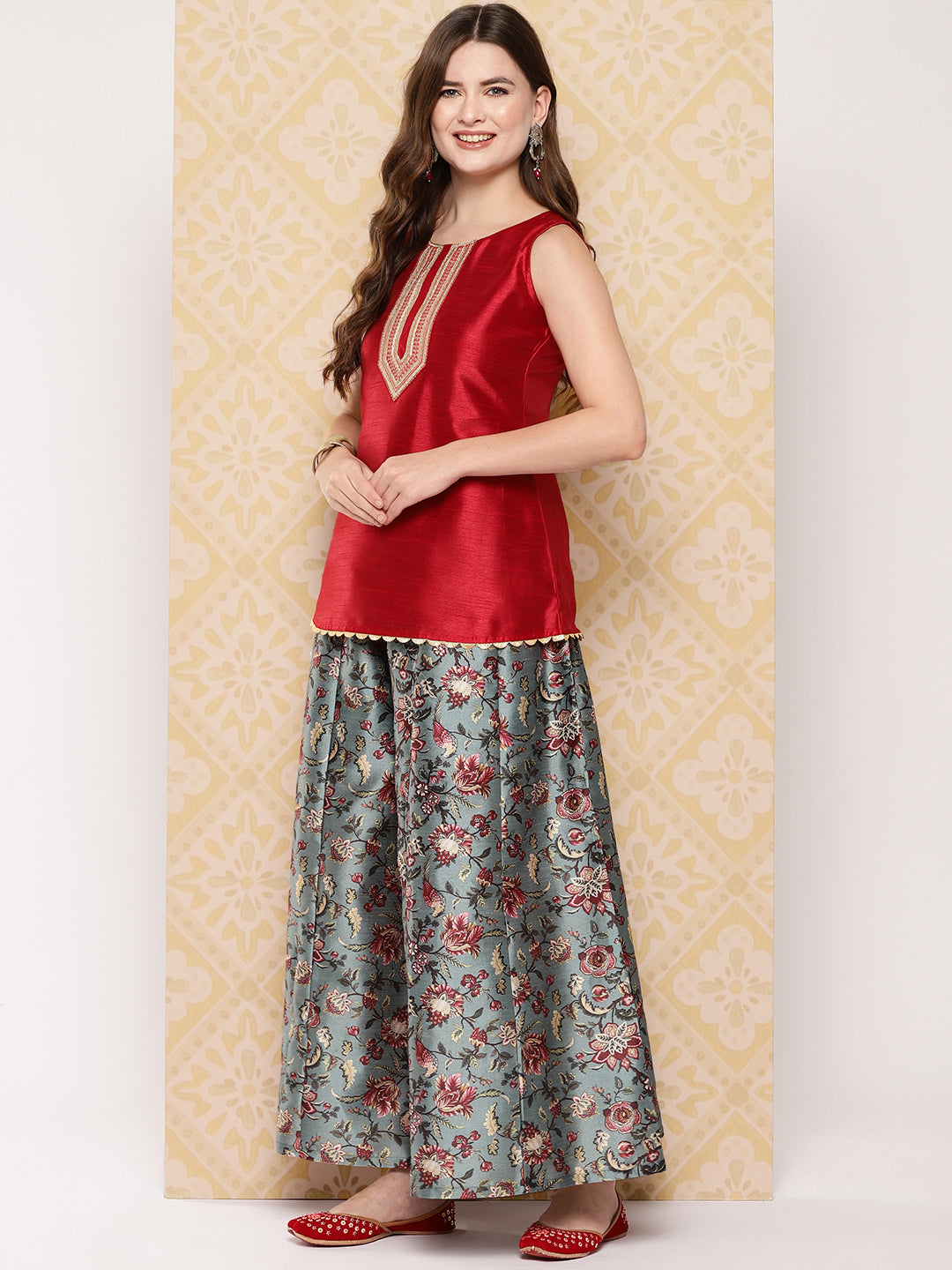 Red & Green Printed Ethnic Embellished Top with Palazzos