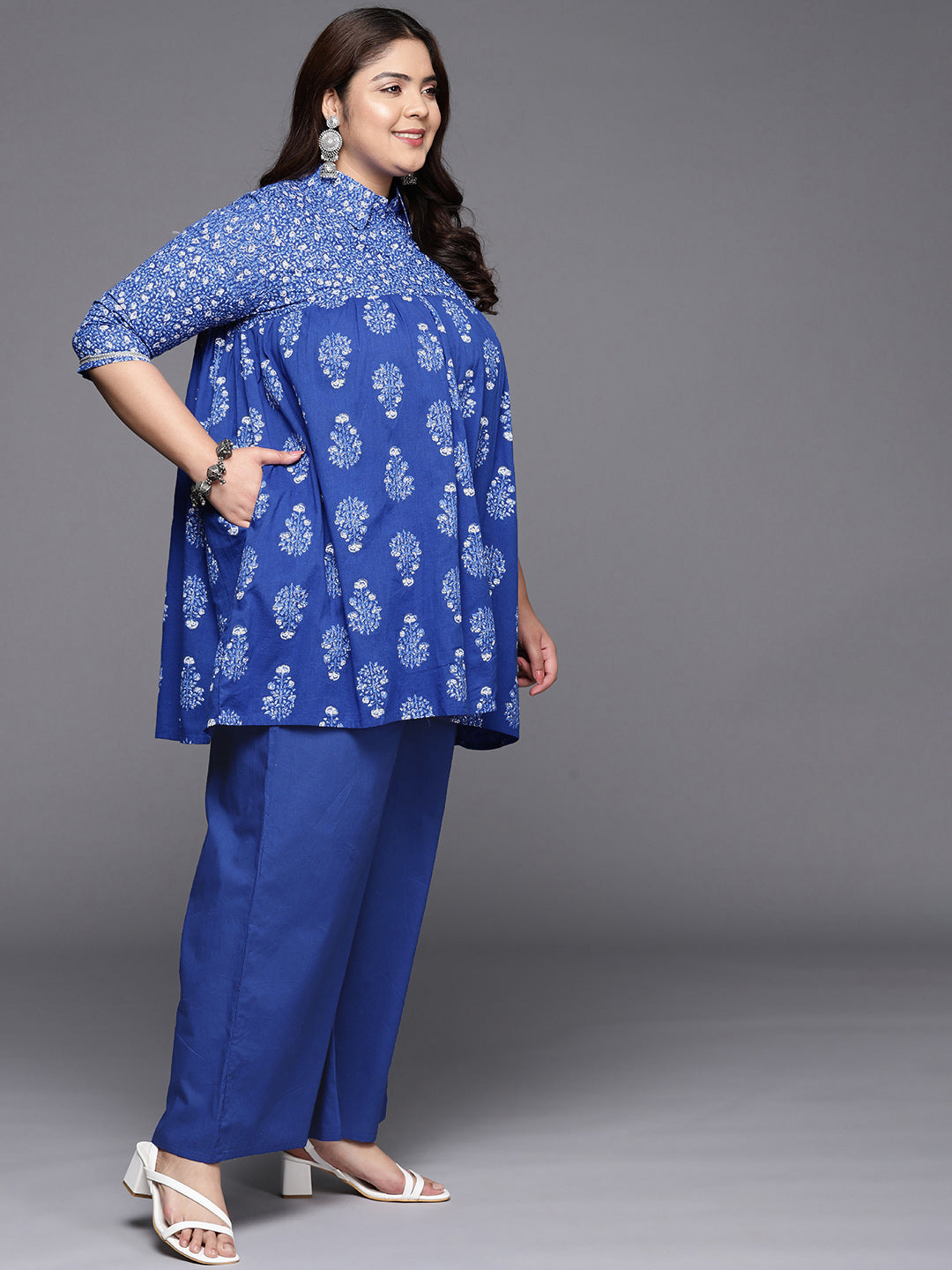 Blue Printed Plus Size Pure Cotton Tunic with Palazzos